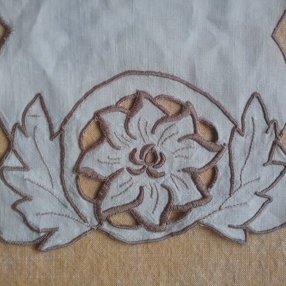 Open Cutwork Doilies Set of Two Vintage Machine Embroidered Ecru/Beige Linen Tab - Picture 7 of 12